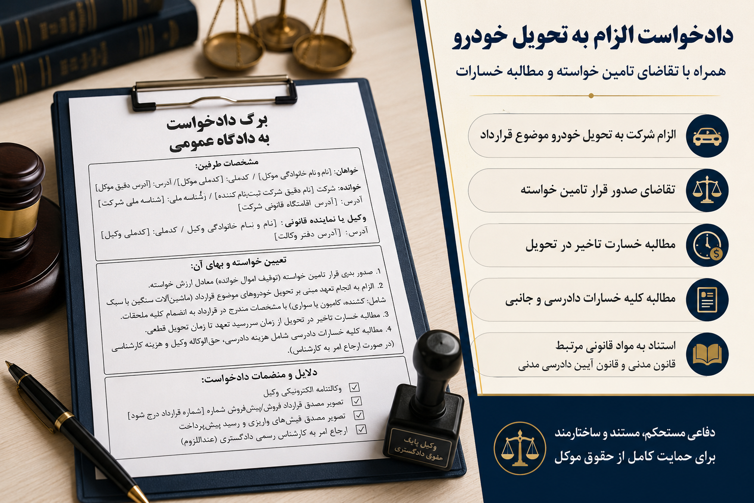 برگ دادخواست به دادگاه عمومی مشخصات طرفین: خواهان: [نام و نام خانوادگی موکل] / کدملی: [کدملی موکل] / آدرس: [آدرس دقیق موکل] خوانده: شرکت [نام دقیق شرکت ثبت‌نام کننده] / شناسه ملی: [شناسه ملی شرکت] / آدرس: [آدرس اقامتگاه قانونی شرکت] وکیل یا نماینده قانونی: [نام و نام خانوادگی شما به عنوان وکیل] / کدملی: [کدملی وکیل] / آدرس: [آدرس دفتر وکالت] تعیین خواسته و بهای آن: ۱. صدور بدوی قرار تامین خواسته (توقیف اموال خوانده) معادل ارزش خواسته. ۲. الزام به انجام تعهد مبنی بر تحویل خودروهای موضوع قرارداد (ماشین‌آلات سنگین یا سبک شامل: کشنده، کامیون یا سواری) با مشخصات مندرج در قرارداد به انضمام کلیه ملحقات. ۳. مطالبه خسارت تاخیر در تحویل از زمان سررسید تعهد تا زمان تحویل قطعی. ۴. مطالبه کلیه خسارات دادرسی شامل هزینه دادرسی، حق‌الوکاله وکیل و هزینه کارشناسی (در صورت ارجاع امر به کارشناس). دلایل و منضمات دادخواست: وکالتنامه الکترونیکی وکیل تصویر مصدق قرارداد فروش/پیش‌فروش شماره [شماره قرارداد درج شود] تصویر مصدق فیش‌های واریزی و رسید پیش‌پرداخت ارجاع امر به کارشناس رسمی دادگستری (عنداللزوم) شرح دادخواست ریاست محترم دادگاه عمومی و حقوقی شهرستان [نام شهرستان] با سلام و تحیت، احتراماً اینجانب [نام وکیل] به وکالت از خواهان (موکل)، جناب آقای/سرکار خانم [نام موکل]، در خصوص دعوی مطروحه علیه شرکت خوانده، مراتب را به شرح ذیل به استحضار عالی می‌رساند: ۱. شرح قرارداد و تعهدات: نظر به حسب قرارداد فی‌مابین به شماره [شماره قرارداد] مورخ [تاریخ قرارداد]، شرکت خوانده [تعداد و نوع خودرو: مثلاً یک دستگاه کشنده تریلی / کامیون / سواری] با مشخصات مندرج در قرارداد را به موکل واگذار نموده و کتباً متعهد شده است که بعد از گذشت ۹۰ روز کاری از تاریخ واریز پیش‌پرداخت، ماشین فوق‌الذکر را با مشخصات توافق‌شده تحویل موکل نماید. ۲. تخلف خوانده از ایفای تعهدات: نظر به اینکه موکل به تمامی تعهدات مالی خود عمل نموده و مبلغ پیش‌پرداخت به حساب شرکت خوانده واریز گردیده است (پیوست شماره ۳)، متاسفانه خوانده محترم تاکنون به تعهد خود مبنی بر تحویل خودروی واگذارشده اقدام ننموده است. با وجود انقضای مهلت ۹۰ روزه کاری و علیرغم مراجعات و تماس‌های مکرر موکل، شرکت خوانده از ایفای تعهدات قانونی و قراردادی خود استنکاف ورزیده و جز پاسخ‌های غیرموجه و سربالا، اقدام عملی جهت تحویل خودرو صورت نداده است. ۳. تقاضای صدور قرار تامین خواسته: با عنایت به اینکه تعهد تحویل خودرو بر ذمه شرکت خوانده مستقر است و این بیم وجود دارد که شرکت مذکور در آینده جهت جلوگیری از پرداخت دین به اشخاص ثالث، اقدام به نقل و انتقال اموال خود نماید و بدین ترتیب تامین حقوق حقه موکل با تعذر یا تعسر مواجه گردد؛ فلذا در وهله اول، مستنداً به ماده ۱۰۸ و ۱۱۴ قانون آیین دادرسی دادگاه‌های عمومی و انقلاب در امور مدنی، تقاضای صدور قرار تامین خواسته و توقیف اموال خوانده معادل ارزش خواسته را دارم. ۴. تقاضای رسیدگی و صدور حکم: علی‌هذا، با عنایت به مراتب معروضه و با ملاحظه قرارداد فروش خودرو و مستندات پرداختی موکل، مستنداً به مواد ۱۰، ۲۱۹، ۲۲۰، ۲۳۷ و ۲۳۸ قانون مدنی و مواد ۱۹۸ و ۵۱۹ قانون آیین دادرسی مدنی، رسیدگی و صدور حکم شایسته مبنی بر الزام شرکت خوانده به انجام تعهد (تحویل خودرو با مشخصات مندرج در قرارداد) به همراه احتساب و جبران کلیه خسارات دادرسی، حق‌الوکاله، هزینه کارشناسی و خسارت تاخیر در تحویل، از محضر دادگاه محترم مورد استدعا می‌باشد. با تجدید احترام [امضا و مهر وکیل] توضیحات: از جمله نقاط قوت برجسته این دادخواست تنظیم ساختار کاملا استاندارد و تفکیک اصولی بخش‌های مختلف آن است که خواندنش و بررسی را برای مقام قضایی بسیار روان می‌کند. در این متن، لحن نگارش کاملا رسمی، حقوقی و متناسب با رویه محاکم دادگستری بوده و سیر منطقی دعوی از اثبات وجود قرارداد تا احراز تخلف خوانده به شکلی منسجم رعایت شده است. استناد دقیق و تخصصی به مواد قانونی در قانون مدنی و قانون آیین دادرسی مدنی، پایه حقوقی ادعا را به شدت مستحکم کرده و جای هیچ‌گونه ابهامی باقی نمی‌گذارد. علاوه بر این، آینده‌نگری در طرح تقاضای صدور قرار تامین خواسته یک نقطه عطف استراتژیک در این دادخواست به شمار می‌رود که با توقیف پیش‌دستانه اموال، مانع از تضییع حقوق موکل در صورت فرار دین یا نقل و انتقال دارایی‌ها توسط شرکت خوانده خواهد شد. در نهایت، جامعیت متن در مطالبه کلیه خسارات جانبی از جمله خسارت تاخیر در تحویل، هزینه‌های دادرسی، حق‌الوکاله و دستمزد کارشناس در کنار خواسته اصلی، نشان‌دهنده یک دفاع تمام‌عیار است که تمامی ابعاد حقوقی و مالی موکل را به طور کامل پوشش می‌دهد و راه را بر هرگونه سوءاستفاده احتمالی شرکت مسدود می‌سازد.